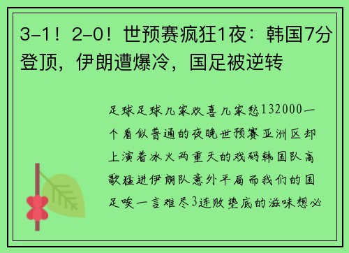 3-1!2-0!世预赛疯狂1夜:韩国7分登顶,伊朗遭爆冷,国足被逆转