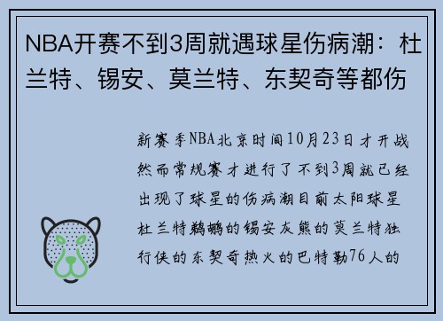 NBA开赛不到3周就遇球星伤病潮:杜兰特、锡安、莫兰特、东契奇等都伤了